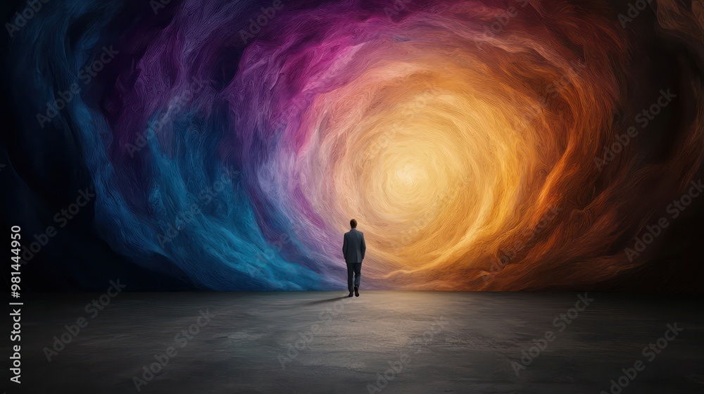 Poster a man stands in front of a colorful swirl, looking into the void. concept of mystery and wonder, as 