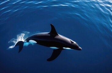 Naklejka premium Top view of a killer whale swimming in the ocean.