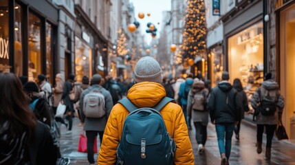 Obraz premium Urban Crowd Walking Through Sunlit City Streets