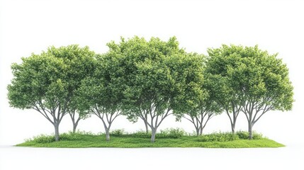 Fototapeta premium group of trees with green bushes isolated on a white background, featuring a clipping path for precise cutout, ideal for botanical illustrations, environmental graphics