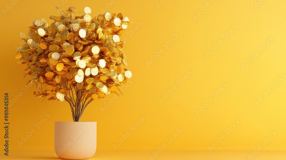 Poster A gold tree with many coins in it is sitting in a yellow vase. The tree is made of gold coins and the vase is also made of gold. Concept of wealth and abundance