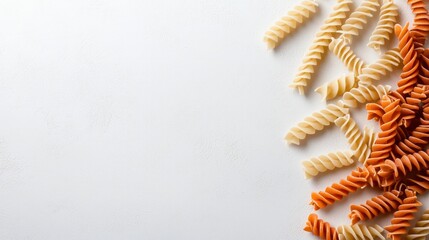 A white background with a bunch of different colored pasta. The pasta is arranged in a way that it looks like a bunch of spaghetti