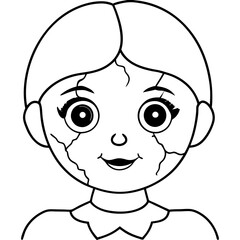 Vector Art of a Cracked Porcelain Doll Face with Eerie Eyes and Sinister Smile