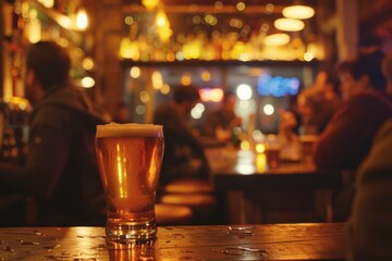 A glass of beer resting on a wooden table, perfect for casual gatherings or home decor