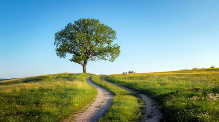 Fototapeta premium A single lonely tree stands on a hill in the middle of a green lawn, surrounded by hills in a peaceful field