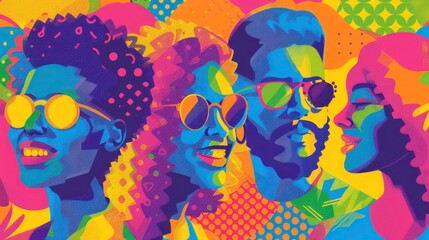 Fototapeta premium Closeup of a colourful mosaic of people wearing sunglasses.