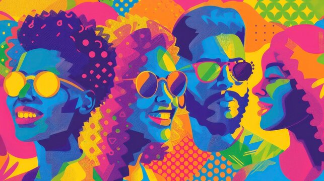 Closeup of a colourful mosaic of people wearing sunglasses.