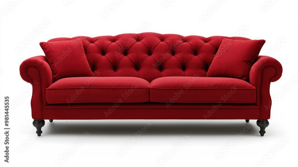 Poster a red couch with two pillows on it. the couch is very large and has a very elegant look