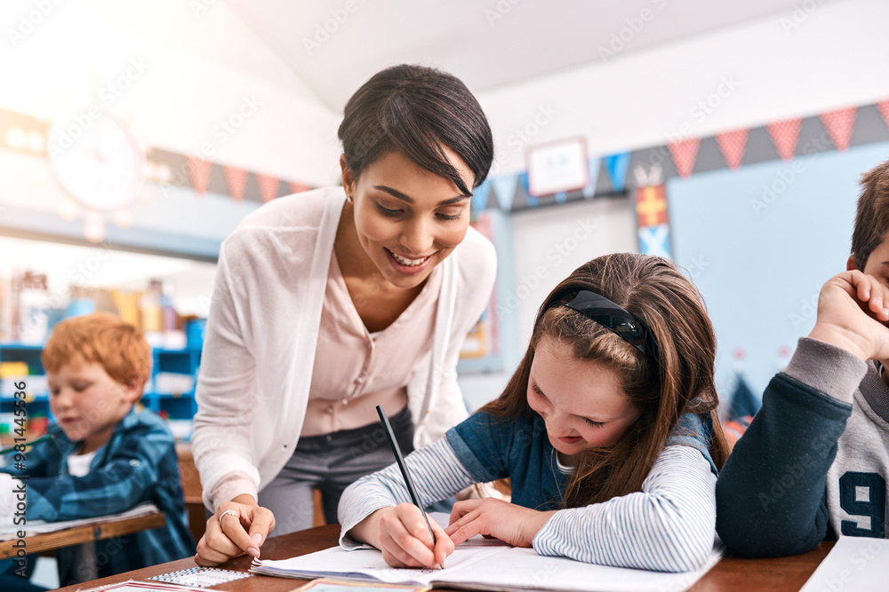 Poster education, writing and teacher with girl student in classroom for learning, help and knowledge. happ