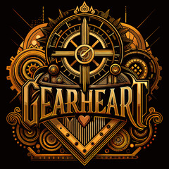 Stylized artwork featuring the text "Gearheart" integrated with intricate gears and a compass design, showcasing steampunk aesthetics, bold design, copy space.