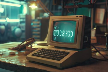 An old computer sits on top of a wooden table, ready for use or display