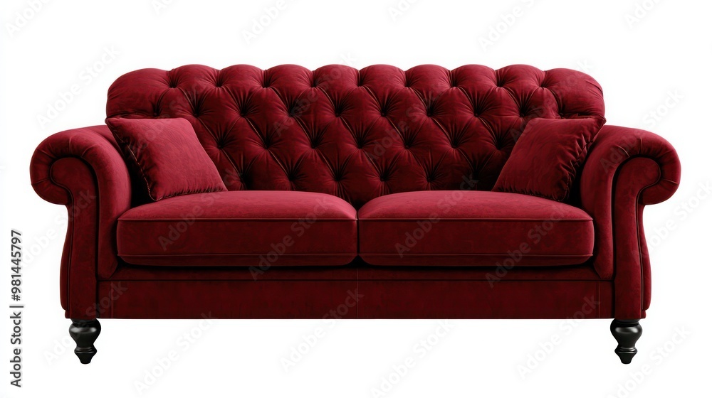 Poster a red velvet couch with pillows on it. the couch is large and has a classic design