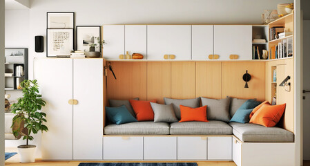 Contemporary sofa with storage, minimalist shelving, and a functional seating area