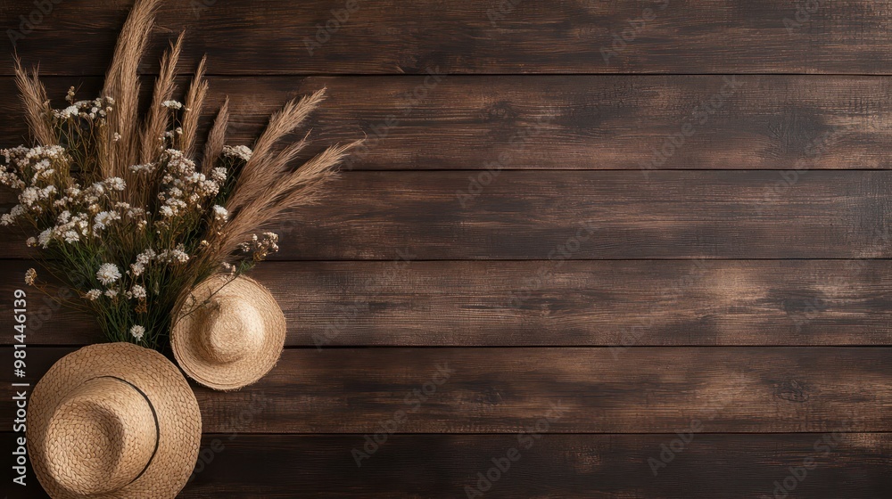 Poster A wooden table with a vase of flowers and two straw hats on it. The hats are placed on the table in front of the flowers