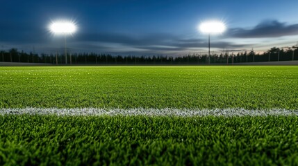 football field under bright stadium lights at sunset, showcasing the vibrant green turf and white line marking in the center, creating a dynamic sports scene.
