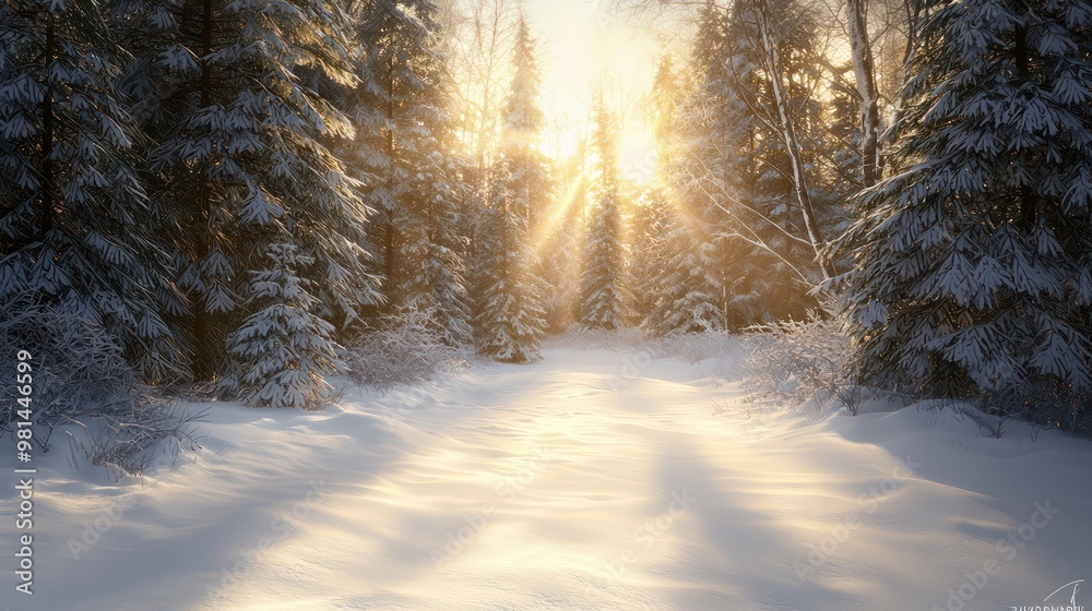 Aufkleber a snowy forest with a bright sun shining through the trees. the sun's rays create a warm and invitin