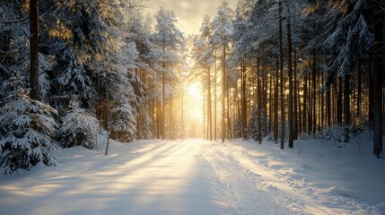 A snow covered forest with a path through it. The sun is shining through the trees, casting a warm glow on the snow. The scene is peaceful and serene, with the snow-covered ground
