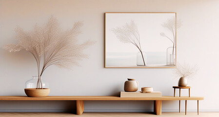 Modern Minimalist Decor with Glass Vase, Wooden Bench, and Dried Flowers in a Serene Setting