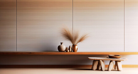Contemporary Minimalist Decor with Ceramic Vases, Wooden Bench, and Natural Elements