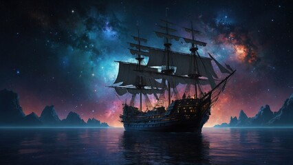 Fototapeta premium ship with sails on the sea, starry sky, night