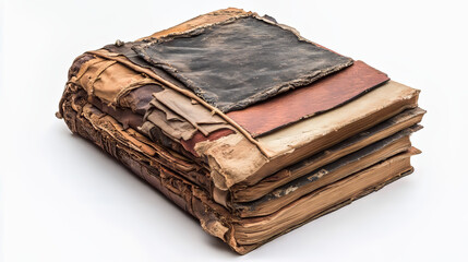 An old, antique book with a variety of materials used in its design.