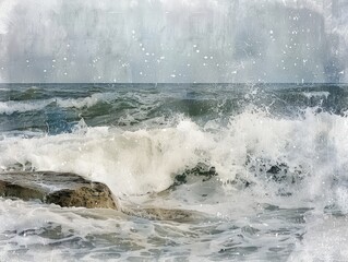 Obraz premium Waves crashing against rocky shoreline on a stormy day.