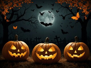 Halloween poster with bats and pumpkins.