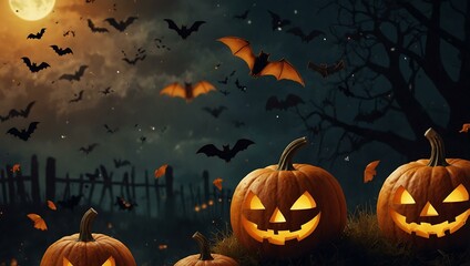 Halloween poster with flying bats and pumpkins.