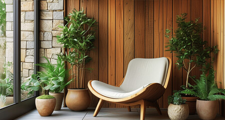 Modern Indoor Space with Wooden Wall Panels, Stylish Chair, and Green Plants