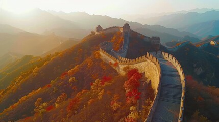 Aerial view of the Great Wall of China, a long fortification built to protect the borders of China