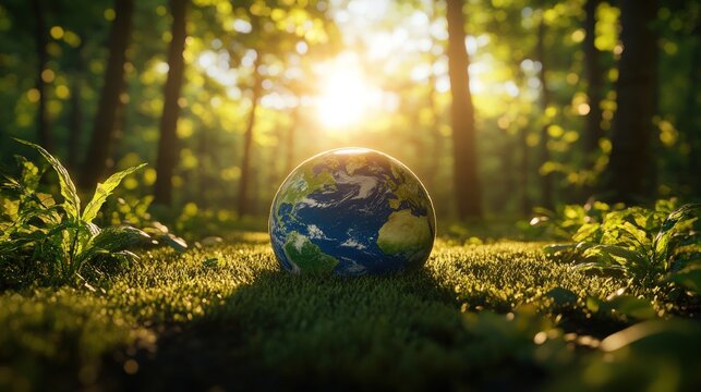 Earth globe resting on green grass in a forest with the sun shining through the trees.