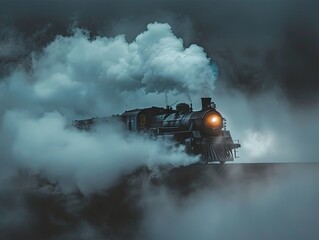 Fototapeta premium A vintage steam locomotive emerging from the misty landscape.