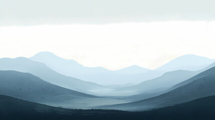 Minimalist landscape with muted tones of a serene valley, distant mountains, and soft sky. Muted Tones. Illustration