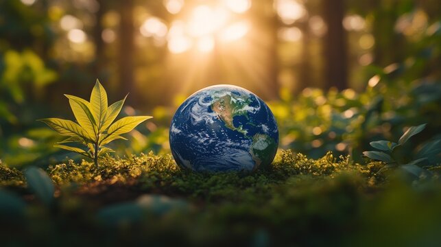 A globe of the earth sits on moss in a forest with sunlight streaming through the trees.