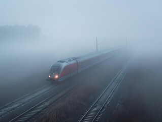 Naklejka premium Modern train emerging from fog on a tranquil morning.