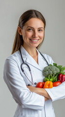 beautiful young doctor carrying fresh and healthy vegetables