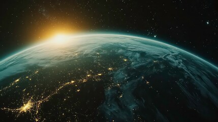 Obraz premium A breathtaking view of Earth from space, with city lights sparkling against a backdrop of stars and a rising sun.