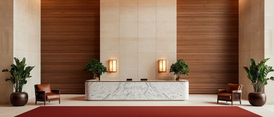 Elegant Modern Hotel Lobby with Marble Reception Desk and Symmetrical Wooden Walls - Luxurious Interior Design Concept with Warm Neutrals and Sophisticated Decor