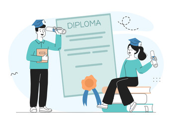 People with diploma. Man and woman in graduation caps with diploma. Education and training, learning. Academic certificate for students. Linear vector illustration