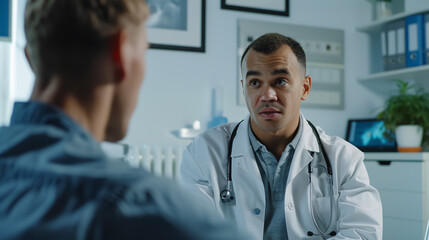 Medicine, healthcare, and people concept - doctor talking to a male patient in a medical office in a hospital