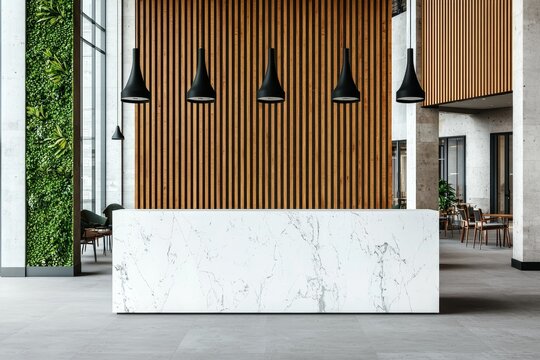 Modern Minimalist Interior Design with White Marble Reception Desk, Green Wall, and Contemporary Elegance - Sleek Architecture for Luxurious Spaces and Professional Environments