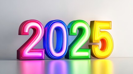 Colorful neon sign showing year 2025 against a white wall