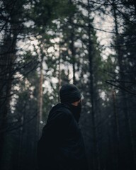 A man walks through a sunlit forest, his back to the camera. He moves along a mossy path, surrounded by tall trees. The scene captures solitude and serenity in the heart of nature