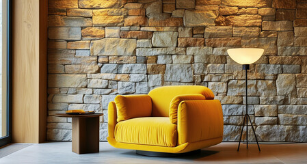 Cozy Modern Interior with Bold Yellow Armchair, Stone Wall, and Wooden Side Table
