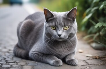 Close-up. Portrait of a gray cat on the street on a sunny autumn day.