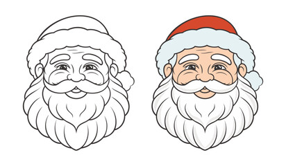 Cute funny Santa's face, linear drawing coloring for kids. Coloring book. Illustration for children.