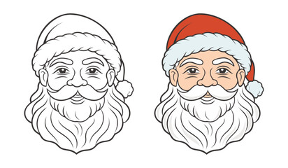 Cute funny Santa's face, linear drawing coloring for kids. Coloring book. Illustration for children.