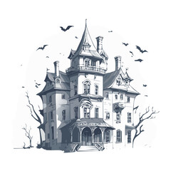 Obraz premium Haunted house sketch design. Spooky haunted mansion pen sketch vector art design.architecture, art, autumn, backgrounds, black color, blueprint, book, Building Exterior, cartoon, castle, clip art, com