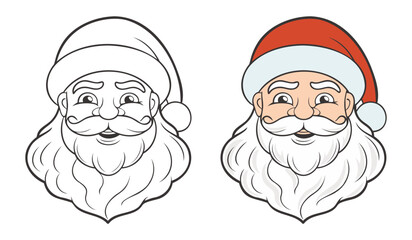 Cute funny Santa's face, linear drawing coloring for kids. Coloring book. Illustration for children.
