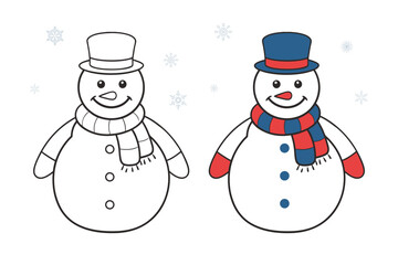 Cute funny snowman line art coloring page for kids. Illustration for children. Coloring book